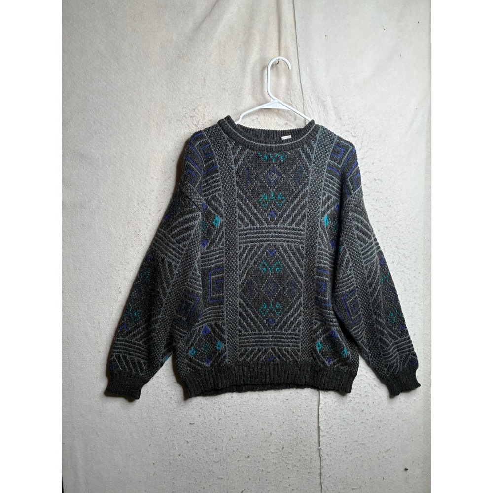 Vintage Adam Sloane Mens Geometric Knit Wool Blend Sweater Grey Blue Teal Medium